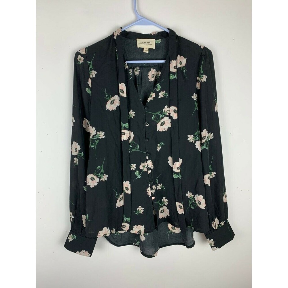 If By Sea Womens Top Size Small Long Sleeve Tie Front Black Floral Tunic